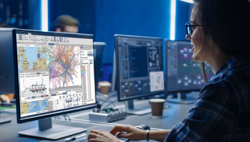 Young woman at a monitor working with i2 software.